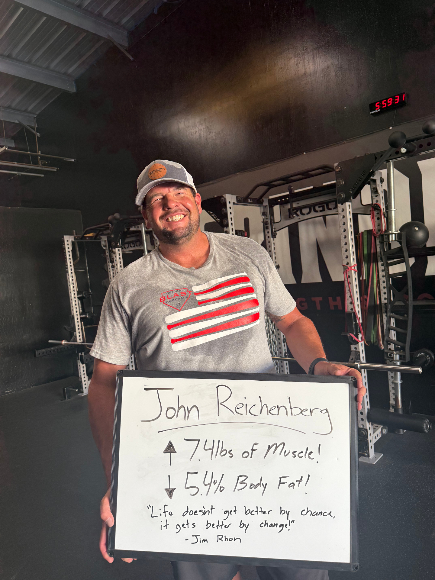 John R. — +7.4 lbs muscle · -5.4% BF